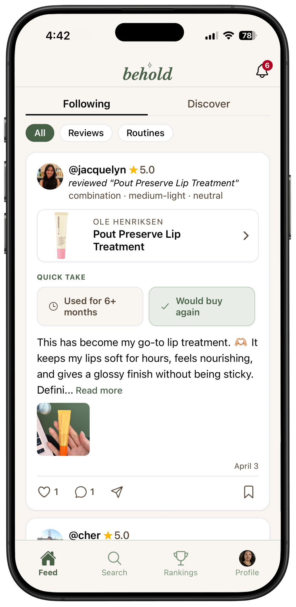 The Behold app feed showing an honest product review from someone you follow